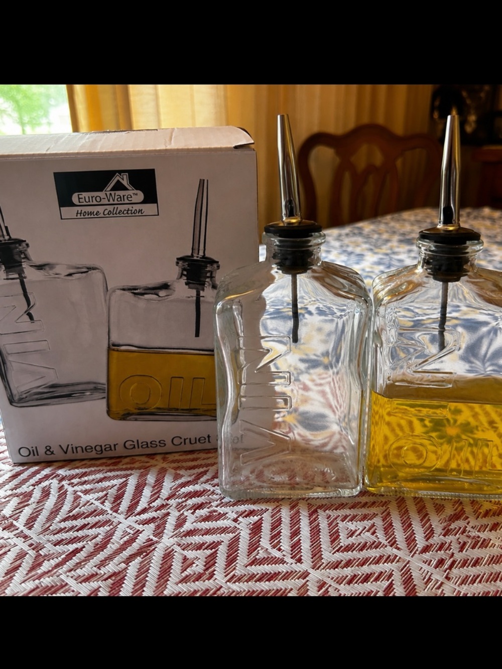 Euro-Ware Oil & Vinegar Glass Cruet Set 15.25 oz Each Stainless Pour Spouts